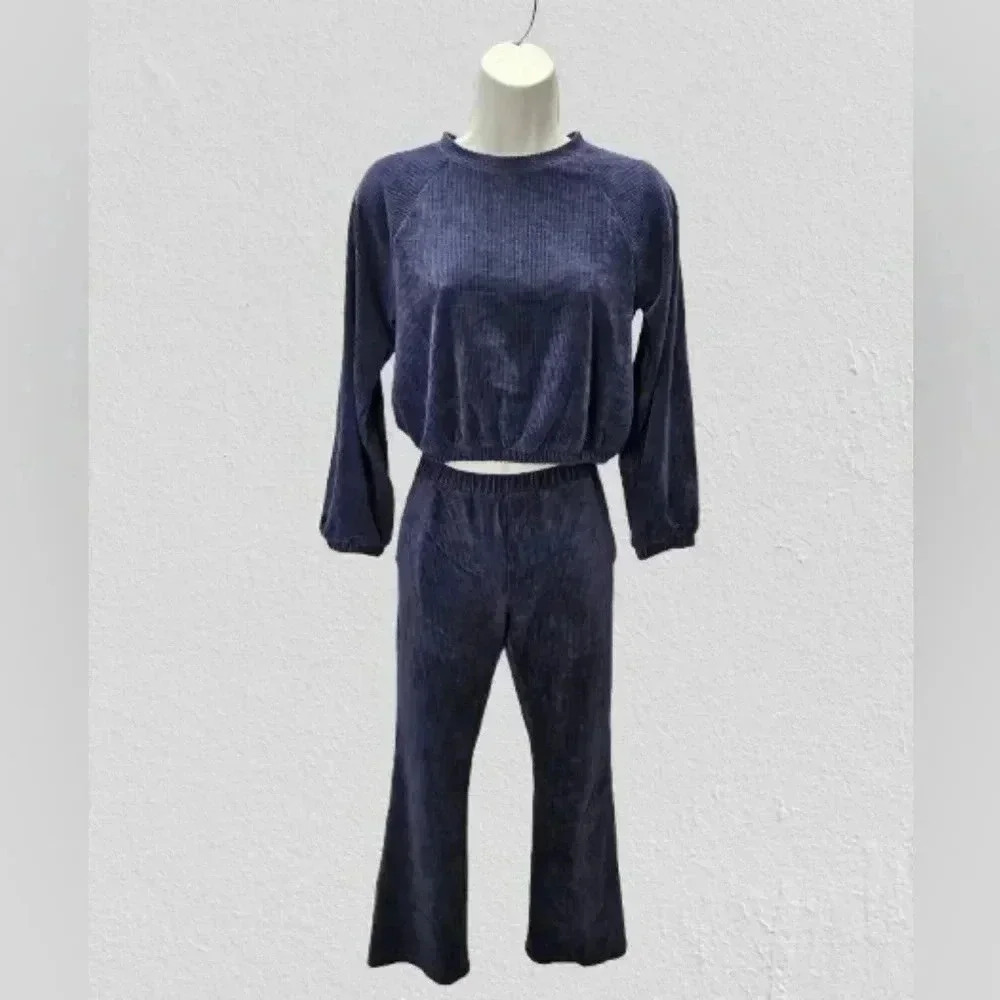 Old Navy Velvet Ribbed Lounge Set Purple Flare Pants Outfit Girls L 10/12 Y2K